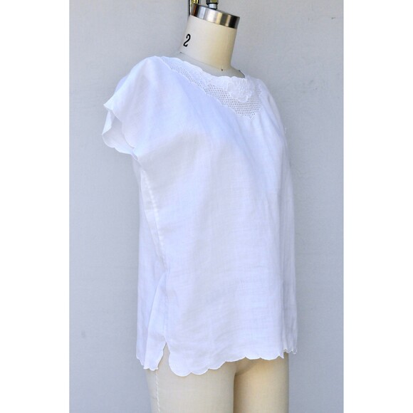 White LINEN Blouse Hand Embroidered Button Down Back Scalloped Hem Italian S M - Picture 4 of 9
